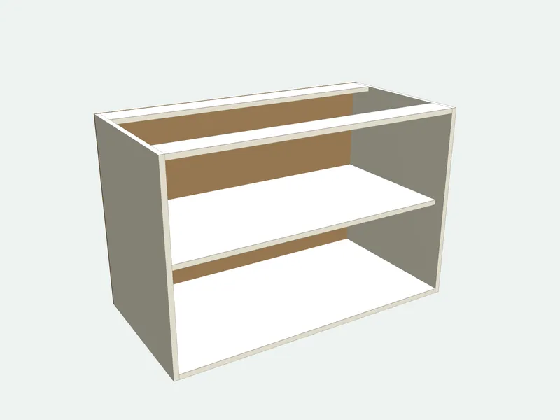 Blind corner cabinet with the doors removed, showing the inside
